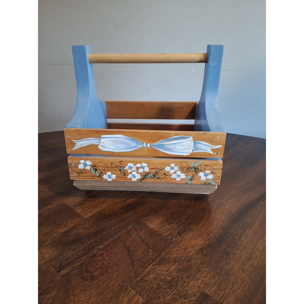 Vintage Hand Painted Wooden Caddy Floral Blue Bow Garden Tote Basket Organizer